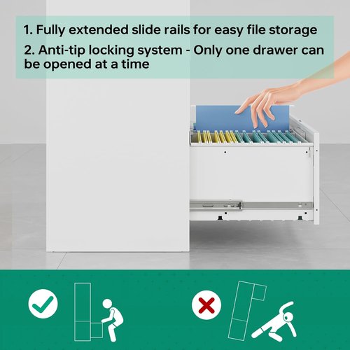 Letaya Lateral File Cabinet - 3 Drawer Metal Filing Storage for Home Office Organization | White