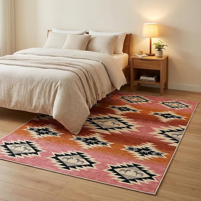 5x7 Area Rugs for Living Room: Blush Pink & Terracotta Tribal Southwestern Zebra Geometric Area Rug Washable Non-Slip Backing for Living Room Bedroom Leisure Area Decor