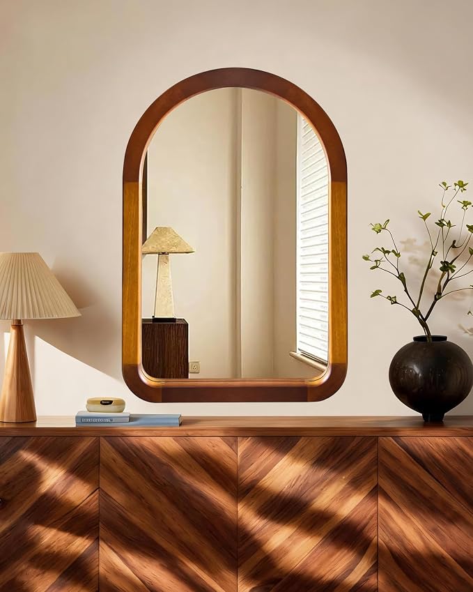 Arched Bathroom Mirror,Wood 22 x 30 Inch Arch Wall Mirror with Walnut Frame,Vanity Tempered Glass Mirror for Bedroom,Entryway,Living Room