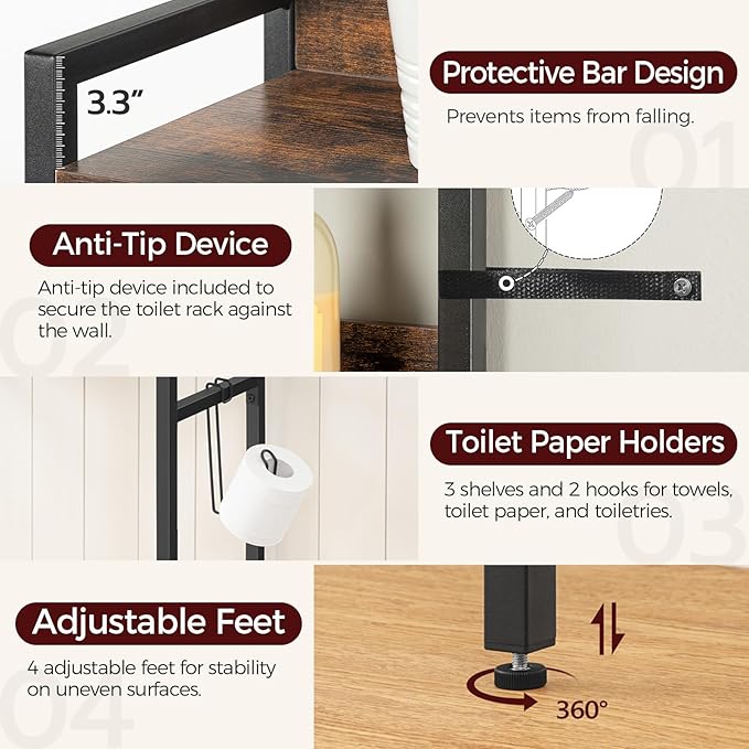 MAHANCRIS Over The Toilet Storage Rack, 3 Tier Bathroom Organizer Over Toilet, Freestanding Space Saver Toilet Stand with 2 Hooks, Bathroom Storage Shelf, Easy to Assemble, Rustic Brown TSHR6001