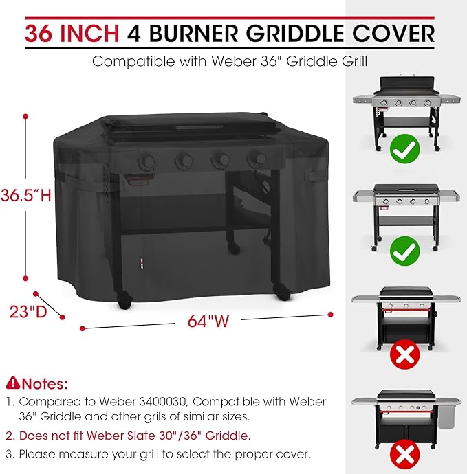 Unicook Griddle Cover Compatible with Weber 36" Rust-Resistant Griddle, Compared to Weber 3400030, Heavy Duty Waterproof 4 Burner Flat Top Grill Cover with Hood, 64 Inch Outdoor BBQ Protector, Black