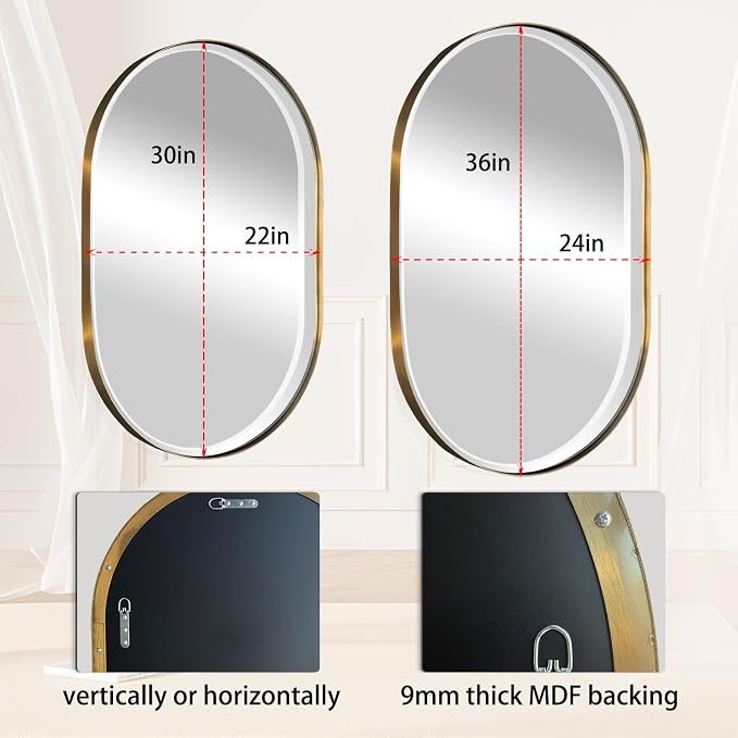 POZINO Beveled Bathroom Mirror, 24"x36" Brushed Gold Oval Vanity Mirror Over Sink, Pill Shaped Capsule Wall Mirrors for Bedroom Entryway Living Room, Hangs Vertically or Horizontally