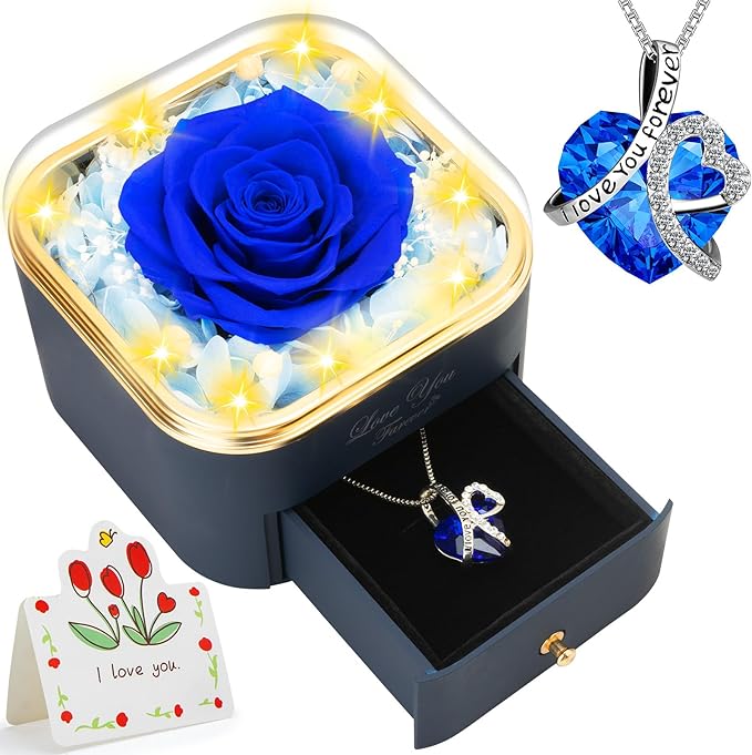 Preserved Blue Real Rose with Heart Necklace -Eternal Flowers Rose Birthday Gifts for Women Wife Mom Girlfriend Grandma Gifts Idea on Christmas Valentines Mothers Day for Her-Blue