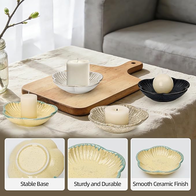 Koythin Ceramic Candlestick Holder for Pillar Candles, Floral Shape Candle Stand & Dish Bowl for Candlesticks, Incense, Decorative Ceramic Plate Tray for Table Centerpiece and Home Decor (Yellow)