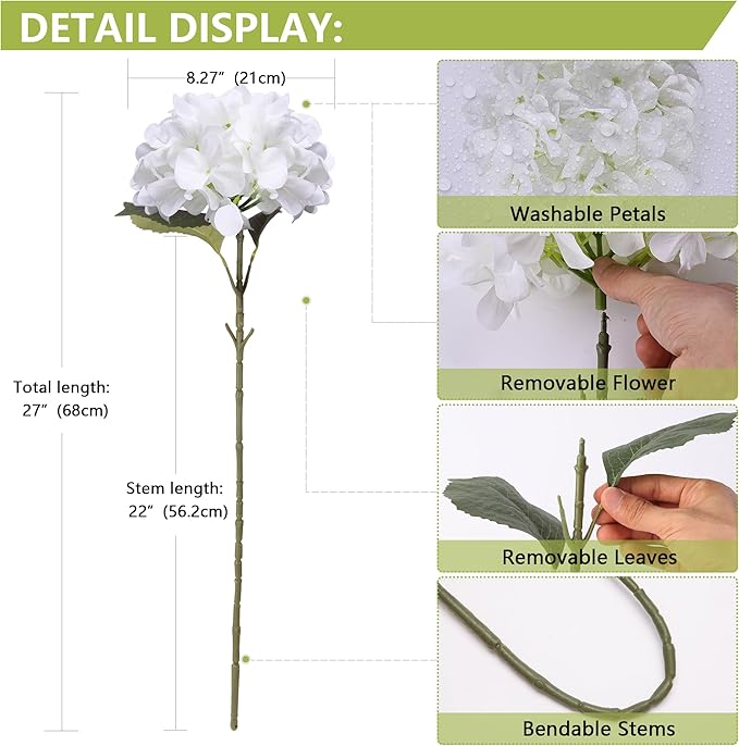 4 Pcs Long Stem Big Size Artificial Hydrangea Flowers for Home Wedding Decor, Party Centerpieces, Office Decoration,Shower (White)