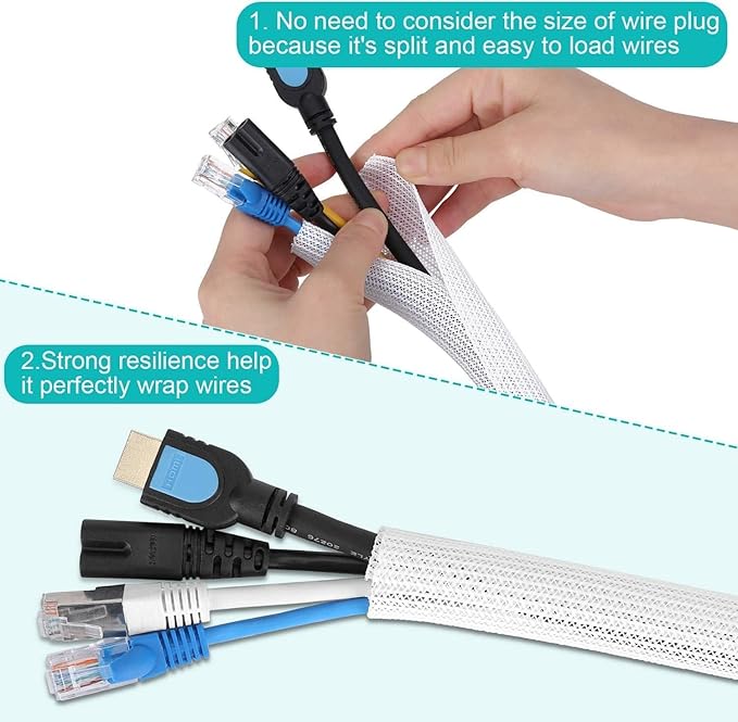 6.6ft - 1 inch Grey Cable Sleeve, Cable Organizer for Desk PC TV Computer, Wire Protector Cable Wrap Cover, Cord Management for Home Office