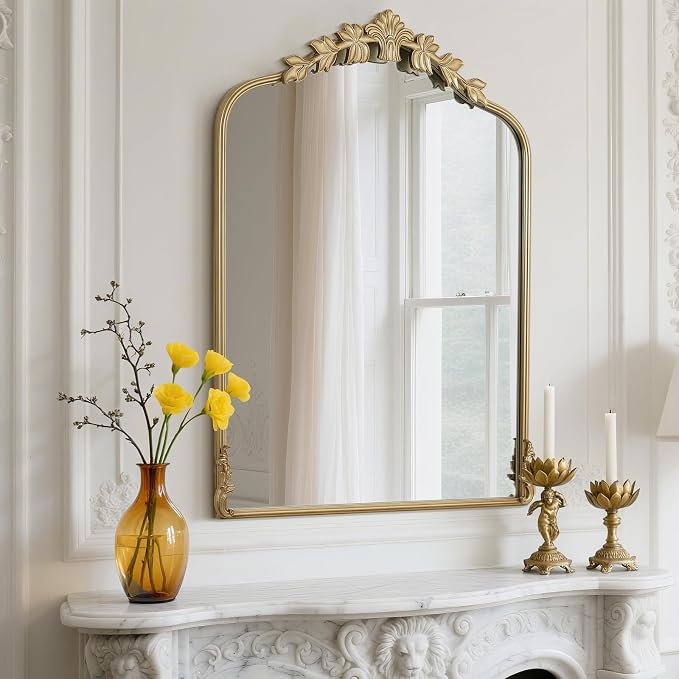 WallBeyond Gold Antique Mirror for Vanity 28x36 Inch, Gold Vintage Mirror with Ornate Frame, Arched Vintage Wall for Bathroom, Living Room, Fireplace
