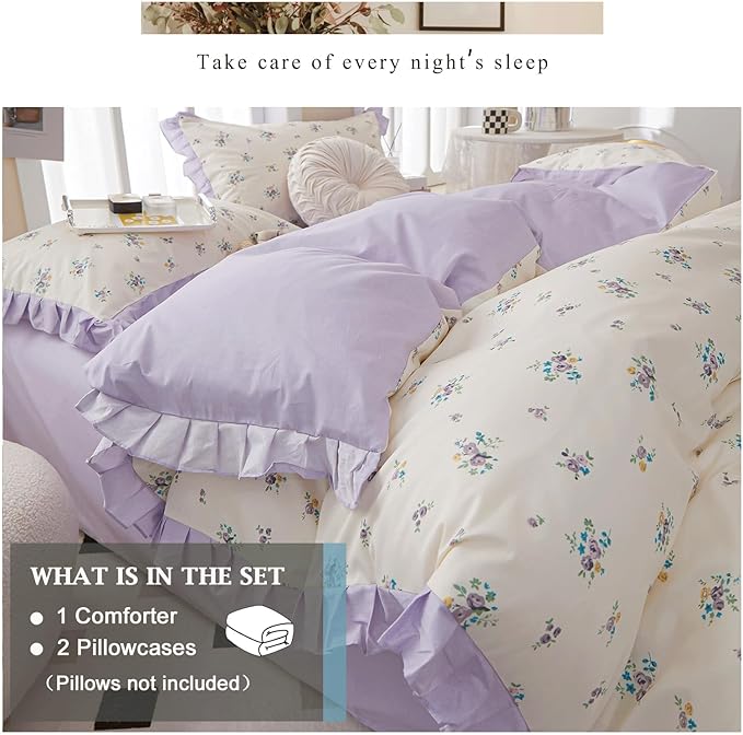 VM VOUGEMARKET Twin XL Comforter Set Twin,Garden Botanical Lavender Flower Bedding Set,Lace Ruffle Comforter and 2 Pillow Shams for Girls Women(3pcs,Twin XL)