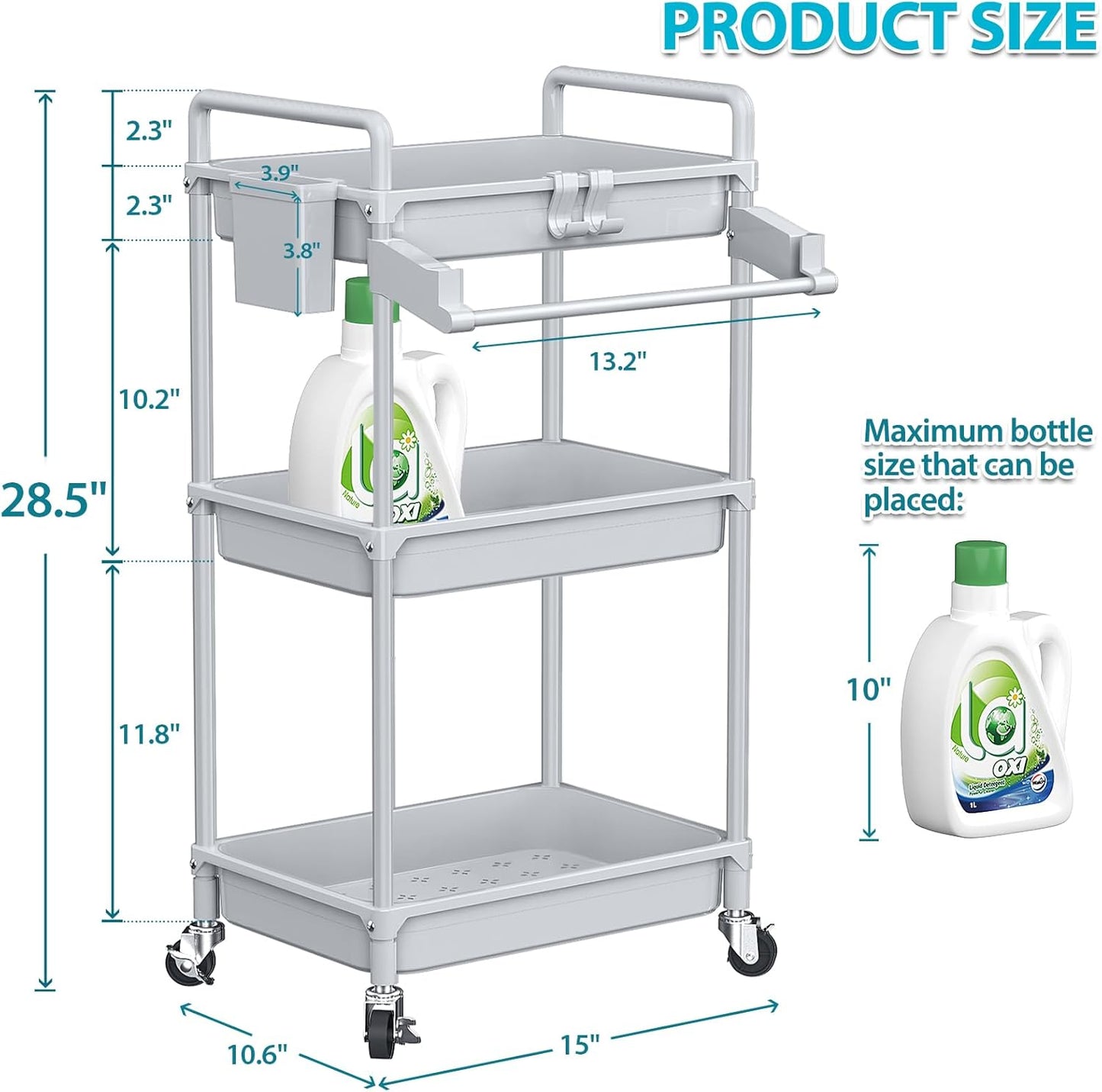 SPACEKEEPER Rolling Storage Cart - 3 Tier Utility Cart for Laundry & Bathroom Organization | Grey with Lockable Wheels & Hooks