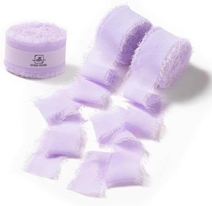 DORIS HOME Light Purple Chiffon Ribbon for Flower Bouquet, 1" x21Yd Fabric Ribbon for Gift Wrapping, Handmade Frayed Ribbon for Wedding Invitations/Christmas Decorations