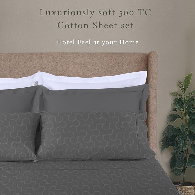 Threadmill 500 Thread Count Queen Size 4 Pc Luxury Cotton Bedding Sheets, Jacquard Floria Dark Grey, Silky Smooth Sheets with 16" Elasticized Deep Pocket, 2 Pillowcases & Free Tote Bag