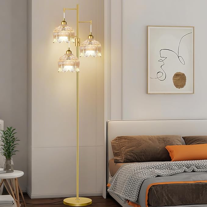 Dimmable Floor Lamps for Living Room Bedroom,Gold Floor Lamp with Glass Lampshape 3 Color Temperatures, Flower Mid Century Modern Standing Lamp Glass Tall Floor Lamps for Living Room Bedroom,Corner