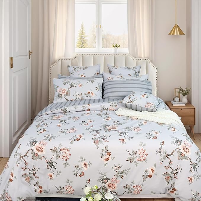 FADFAY Duvet Cover Set Twin XL Elegant Floral College Bedding Shabby Grey Bird Print Flower Quilt Cover Set 100% Cotton Soft Comforter Cover Set with Zipper Closure 3Pcs, Twin XL Size for Dorm Room