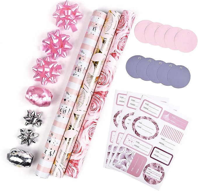 MAYPLUSS Wrapping Paper Set - Mini Roll with Bow & Ribbon & Gift Tags & Stickers - 17 inch X 120 inch Per roll - Pink Design (42.3 sq.ft.TTL)