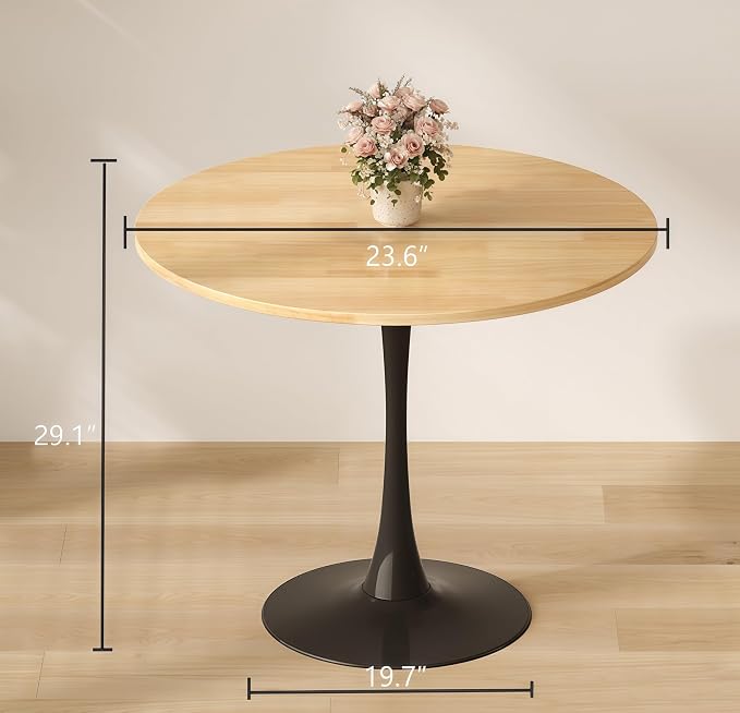 24 Inch Modern Round Dining Table, Mid Century Pedestal Kitchen Table for Small Spaces, Natural Wood Top Coffee Table with Stable Metal Base for Apartment, Living Room, Office, Studio