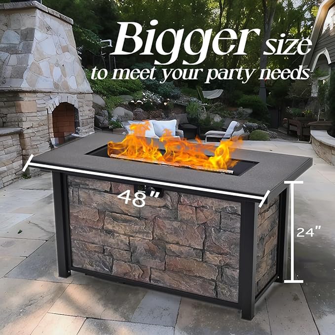 YATEMATE 48" Fire Table with Metal Top, Propane Gas Fire Pit Table, Rectangular Fire Table, 50,000 BTU for Outdoor Use, Including Metal Lid, Lava Rocks & Rain Cover