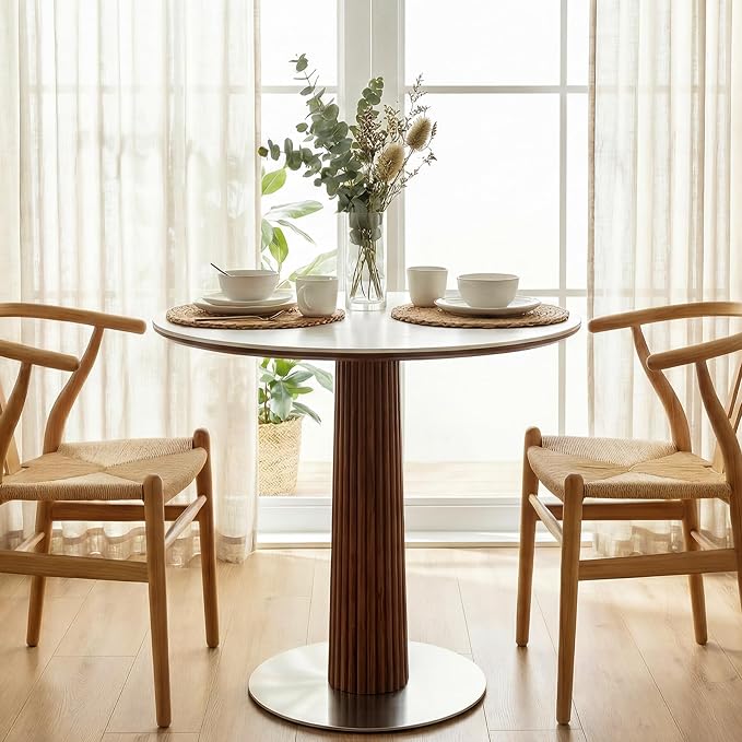 Round Dining Table, 31.5" Solid Wood Dinner Table with Thickened Top & Steel Pedestal, Mid Century Modern Bistro Table for Kitchen, Small Space, Living Room, Cafe, White & Walnut -Style C