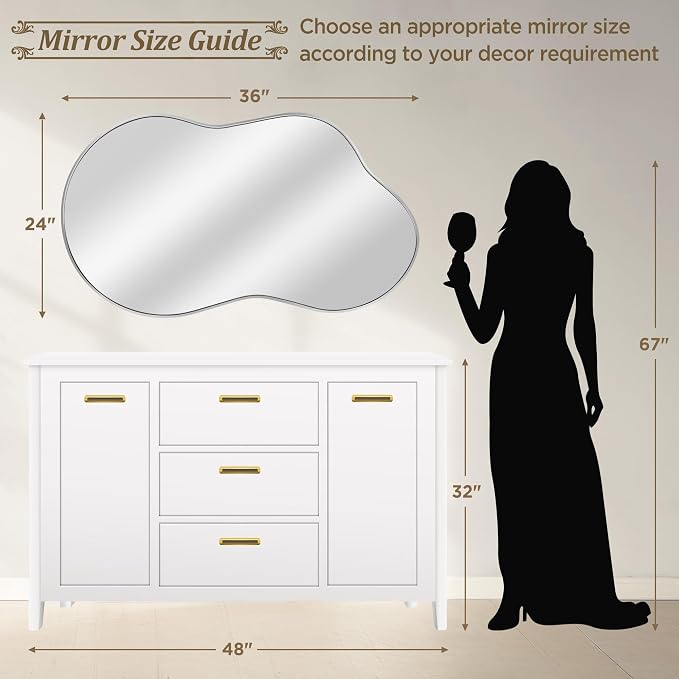 Dorlicecass Irregular Wall Mirror - Wall Mirrors Decorative 24"x36" Silver Asymmetrical Mirror Tempered Glass Aviation Aluminum Alloy Frame for Bathroom, Bedroom, Living Room, Cloakroom, Entryway