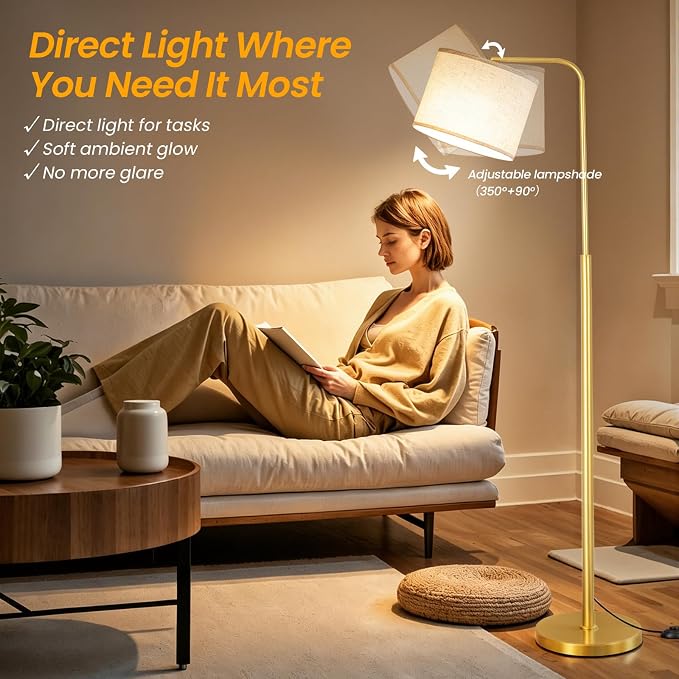 Floor Lamp for Living Room and Bedroom - Modern Standing Lamps Tall with Dimmable LED Bulb and Remote Control - Black Stand Arc Light With Shade for Reading Home Decor Corner and office（Gold）