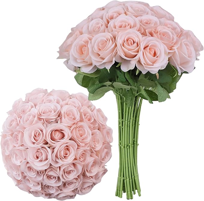 Artificial Rose Flower Artificial Flowers Flower with Long Stem Silk Roses Bouquet for Wedding Bridal Shower Party Home Decoration (Blush, 30 Pcs)