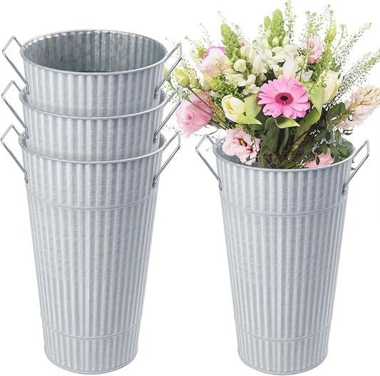 4 PCS 12 Inch White Galvanized Flower Buckets, Metal Flower Vase, Rustic Tall Flower Bucket with Handles for Wedding, Home Décor