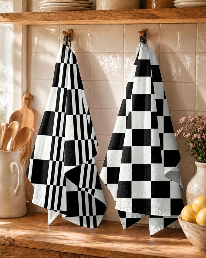 Miss Adola 2 Pack Flour Sack Kitchen Towels - 16x26 Inch Black and White Cotton Dish Towels with Hanging Loop Reusable Modern Tea Towel Absorbent Dishcloths Home Decor, Checkered