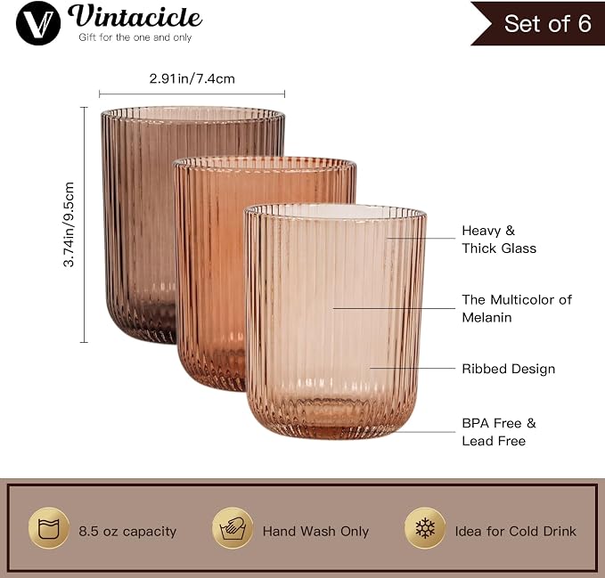 Melanin Ribbed Drinking Glasses Set of 6,8.5oz Colored Vintage Highball Tumblers,Amber Glassware for Juice,Milk,Coffee & Cocktails,Gift for Party,Housewarming,Mother's Day