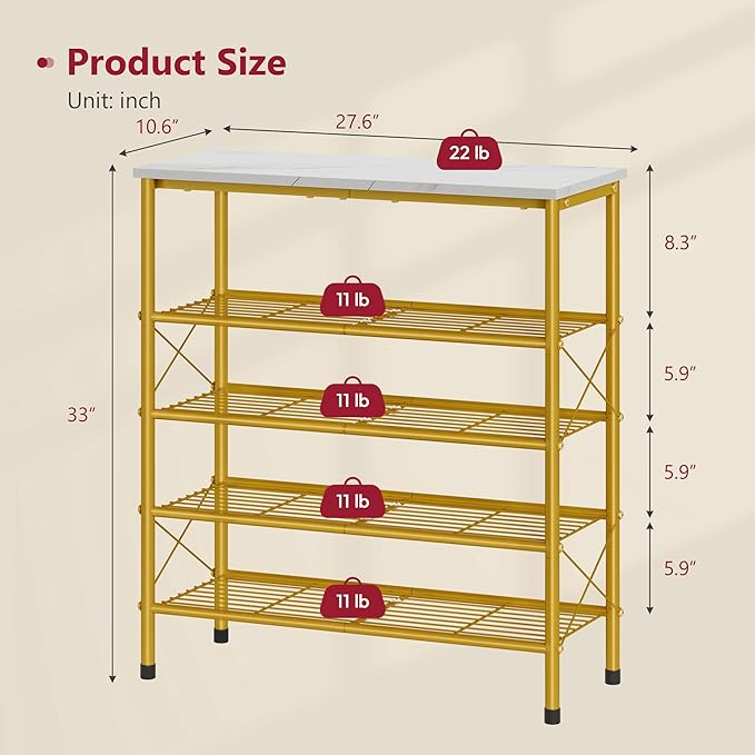 Tajsoon 5 Tier Shoe Rack Organizer for 16-20 Pairs of Shoes, Metal Mesh Shoe Shelf for Closet, Industrial Shoe Rack for Entryway Shoe Storage with X Shape Fixed Frame, White & Gold