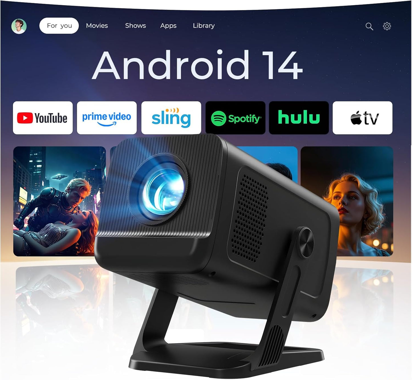 VisualCube Mini Projector - 1080P 4K WiFi 6 & Bluetooth 5.4 | Portable Outdoor Projector, Black
