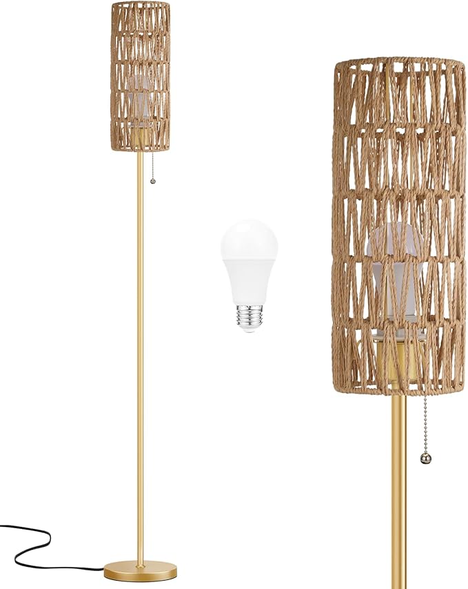 Ambimall 64'' Floor Lamp for Living Room with 3 Color Temperatures Bulb, Boho Gold Standing Lamp with Beige Rattan Shade
