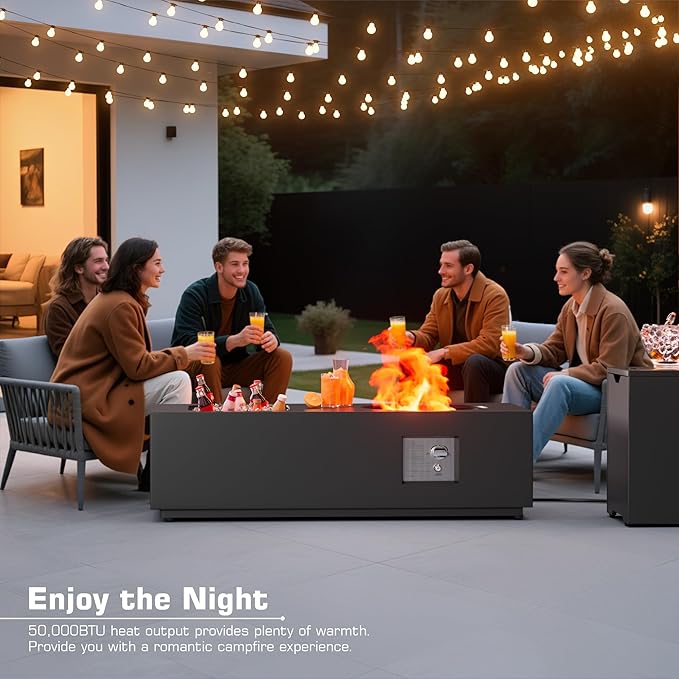 2-Piece 48" Rectangular Propane Fire Pit for Outside Patio with Hidden Tank Table & Ice Bucket, 50,000 BTU Fireplaces with Lid, Glass Rocks, Cover(Black w/Ice Bucket)