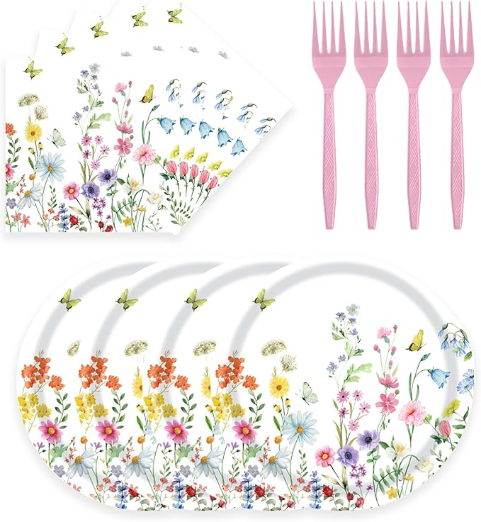 72 Pcs Wildflower Paper Plates and Napkins Party Supplies, Floral Party Plates and Napkins Tableware Set for Spring Summer Picnic Wedding Birthday Baby Shower Tea Party Decorations Serves 24