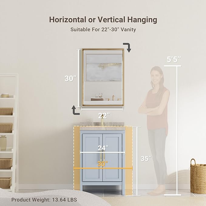 Gold Bathroom Mirror, 22x30 Brushed Gold Bathroom Mirror Beveled Edge, Gold Framed Rectangle Bathroom Vanity Mirror, Anti-Rust Brushed Brass Metal Frame Wall Mirror Vertical/Horizontal