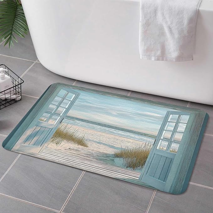 Blue Beach Barn Door Bath Rugs for Bathroom, Rustic Country Ocean Coastal Seaside Scenery Non Slip Flannel Bathroom Rug, Retro Teal Wood Dry Fast Water Absorbent Bath Mats, 17x29 Inch