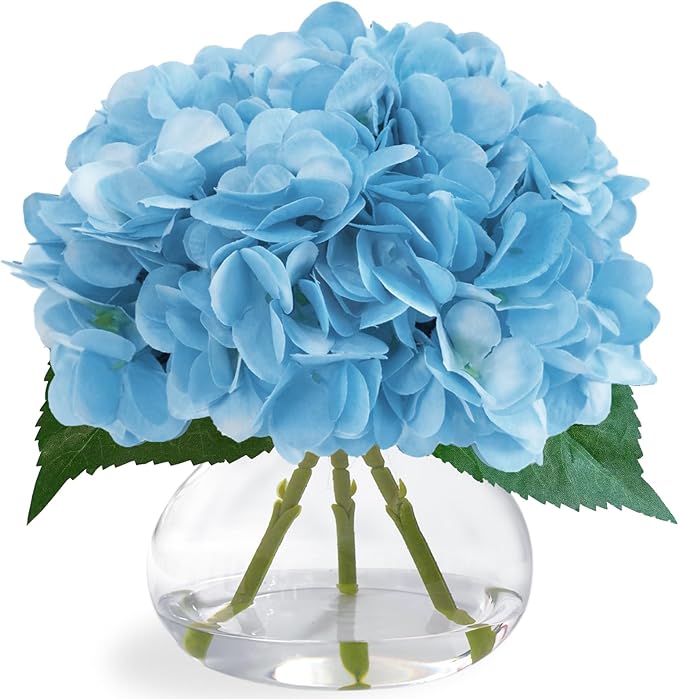 Big Petals Hydrangea Artificial Flowers in Vase, Blue Silk Fake Flowers Silk Centerpiece Table Decorations for Dining Room,Coffee Table Decor,Wedding, Home with Faux Water decorr (Sea Blue)