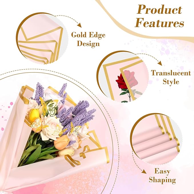 cridoz 20 Sheets Flower Bouquet Wrapping Paper with 12 Pieces Gold Butterfly Decorations for Flower Bouquets, Waterproof Floral Bouquet Wrapping Paper for Flower, Gift Wrapping(Pink)