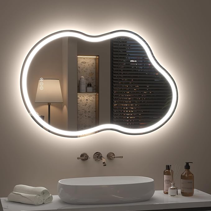 Irregular Led Bathroom Mirror with Lights 20x32 Inch, Asymmetrical Cloud Lighted Vanity Mirror for Wall, Anti-Fog, Dimmable, Memory, 3 Colors, Shatterproof (Horizontal/Vertical)