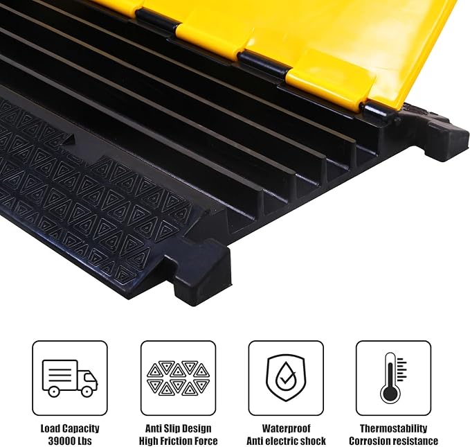 OranLite Rubber Cable Protector Ramp, Heavy Floor Cable Wire Cord Cover Speed Bumps 22000Lbs Load Capacity, Driveway Hose Cable Ramp Protective Cover for Indoor and Outdoor (5-Channel x 2Pcs)