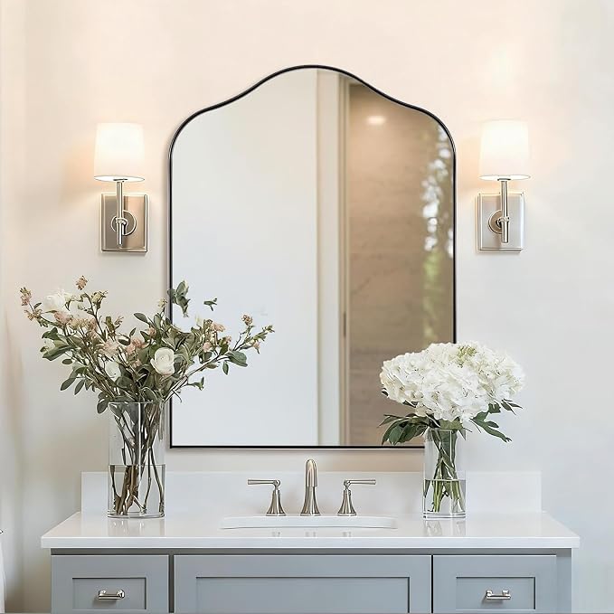 ANDY STAR Scalloped Arched Mirror, 30x40 Polished Chrome Irregular Bathroom Mirror for Vanity, Asymmetrical Curved Top with Rustproof Stainless Steel Frame, for Entryway, Bedroom, Mantel, Fireplace