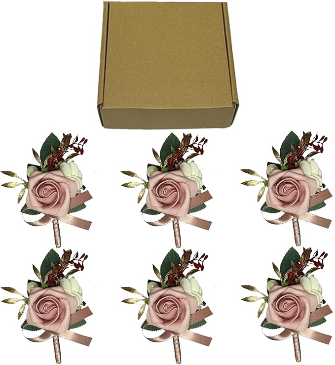 6PCS Pink Boutonniere for Men,Dusty Rose Boutonniere Pins for Men Groomsmen Guest Boutonniere, Artificial Flowers for Wedding Decor Prom Homecoming