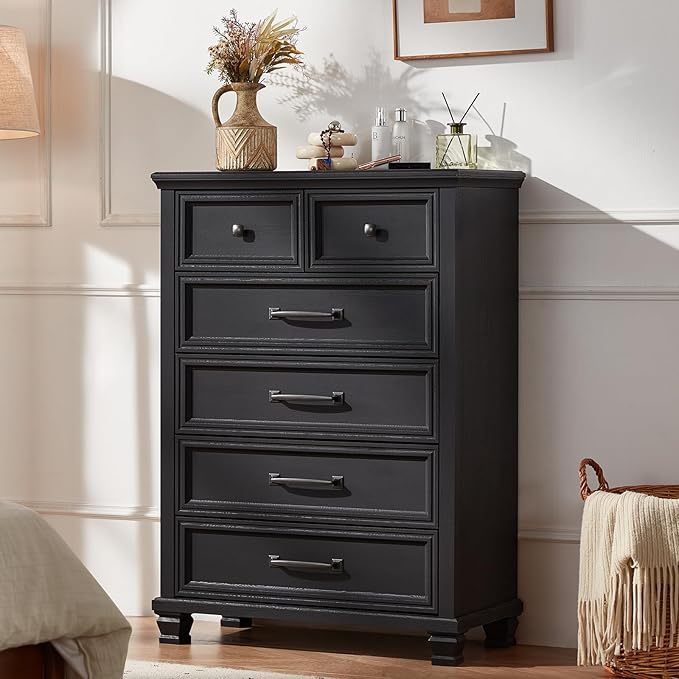 Farmhouse 6 Drawer Dresser for Bedroom, 45 Inch Tall Vintage Wood Chest of Drawers, Mid-Century Dressers w/Square Wooden Legs, Rustic Storage Organizer for Living Room, Hallway, Black