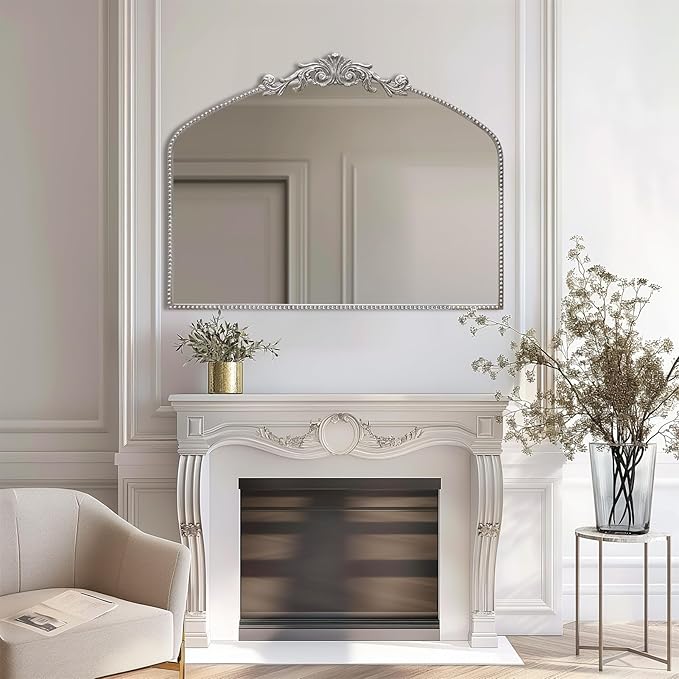 Antique Silver Arch Wall Mirror, 40"x30" Vintage Mantel Mirror with Ornate Metal Frame, Baroque Home Decor for Fireplace/Entryway/Bathroom/Living Room/Hallway