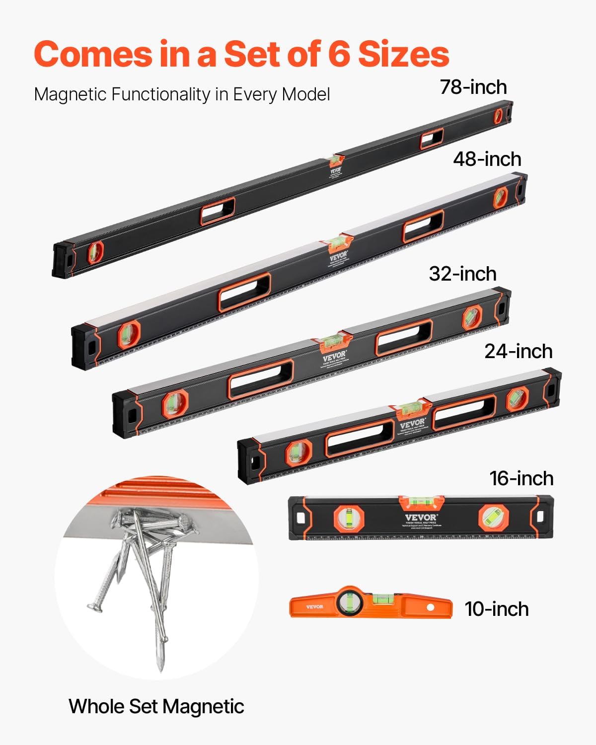 VEVOR 6-Piece Magnetic Torpedo Level Set - Shock-Resistant Aluminum Alloy with Bubble Vials | 10-78 Inch Sizes