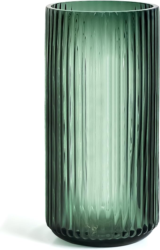 Muyan 9.8" Flower Vase for Decor Ribbed Glass Vase Modern for Centerpieces Desktop Home Office Dining Living Room Wedding (Green)