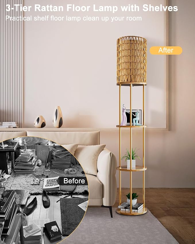 Lightdot 61" Rattan Floor Lamp with Shelves, 3-Tier Storage Shelves with 3000K Bulb Included, Solid Wood Design, Corner Bookshelf Floor Lamps for Living Room/Sofa Beside/Corner Decor-Gold