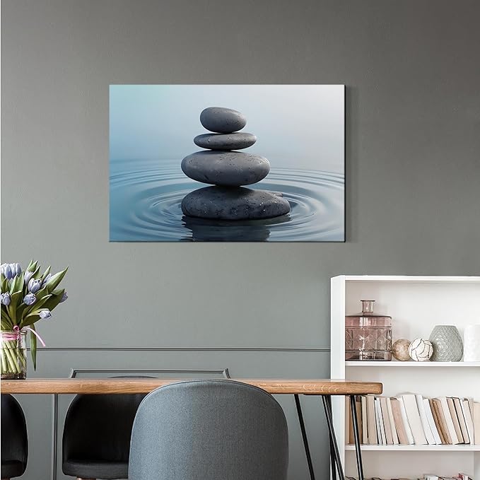 Zen wall art Harmonious grey stones stacked on a calm surface of water Serene Zen decor suitable for tranquil homes and spaces of meditation 8x12in Frameless