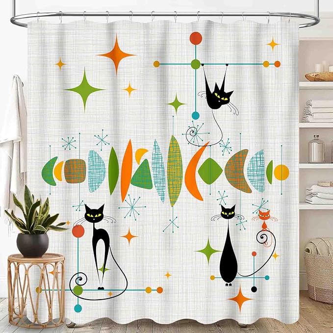 Mid Century Modern Shower Curtain, Retro Geometric Atomic Abstract Black Cat Pattern Middle Century 1950s 1960s Colorful Waterproof Fabric Bathroom Shower Curtain Set with Hooks, 72"x84" Inch