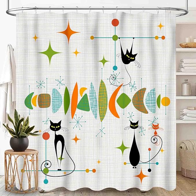 Mid Century Modern Shower Curtain, Retro Geometric Atomic Abstract Black Cat Pattern Middle Century 1950s 1960s Colorful Waterproof Fabric Bathroom Shower Curtain Set with Hooks, 72"x72" Inch