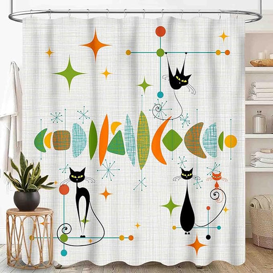 Mid Century Modern Shower Curtain, Retro Geometric Atomic Abstract Black Cat Pattern Middle Century 1950s 1960s Colorful Waterproof Fabric Bathroom Shower Curtain Set with Hooks, 72"x72" Inch