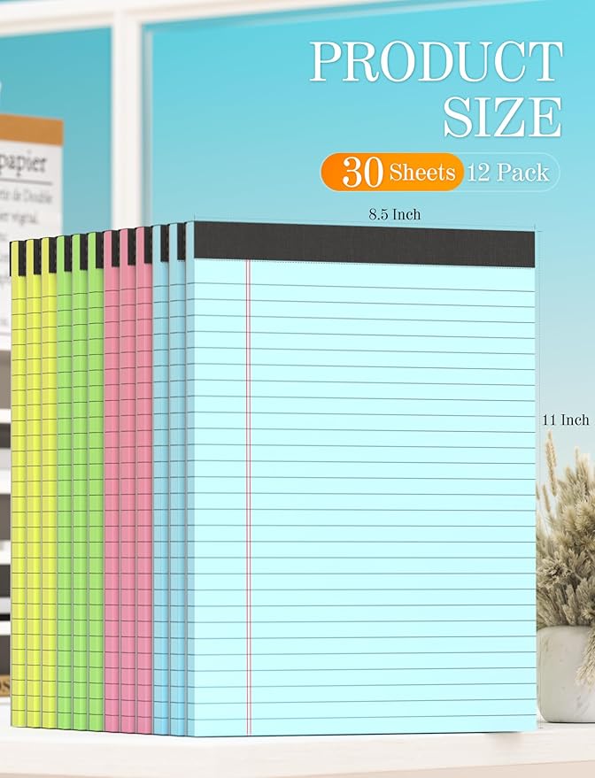 Zaviko Legal Pads 8.5 x 11 Colored Note Pads, 12 Pack Colored Paper Pads 8.5x11 Lined Paper, Pads of Paper Writing Pads, Wide Ruled Notebook Pad 8 1/2 x 11, Legal Notepads 8.5 x 11, 30 Sheets/Pad